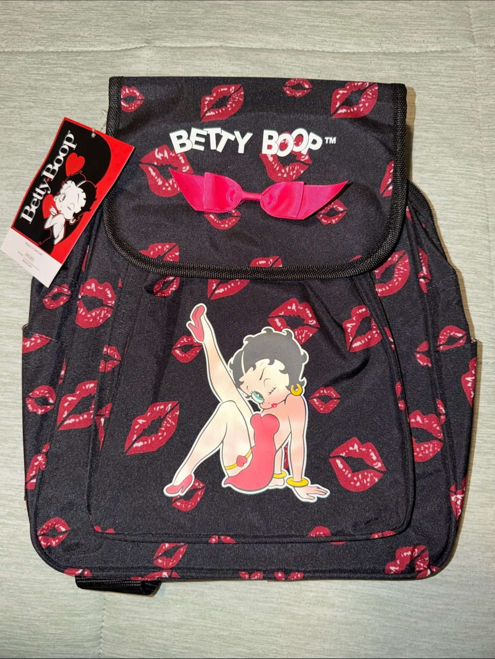 Betty Boop Black Backpack with Red Lip Print and Pink Bow